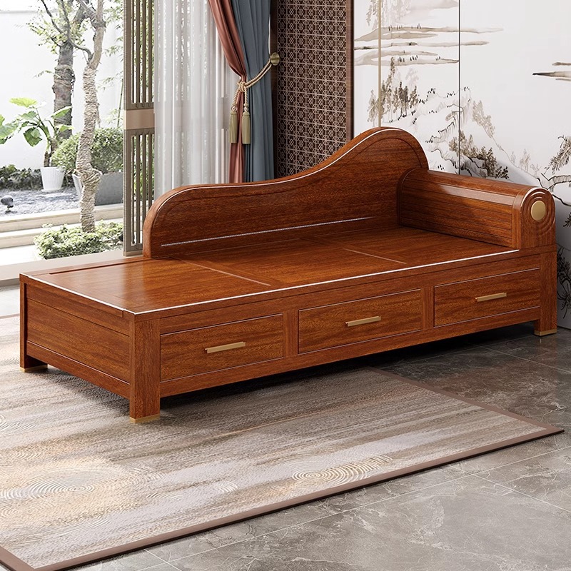 All Solid Wood Chaise Lounge Chair, Living Room Lounge Chair, Chaise Lounge, Modern Chinese Style Sofa with Cushion, Solid Wood Chaise Lounge