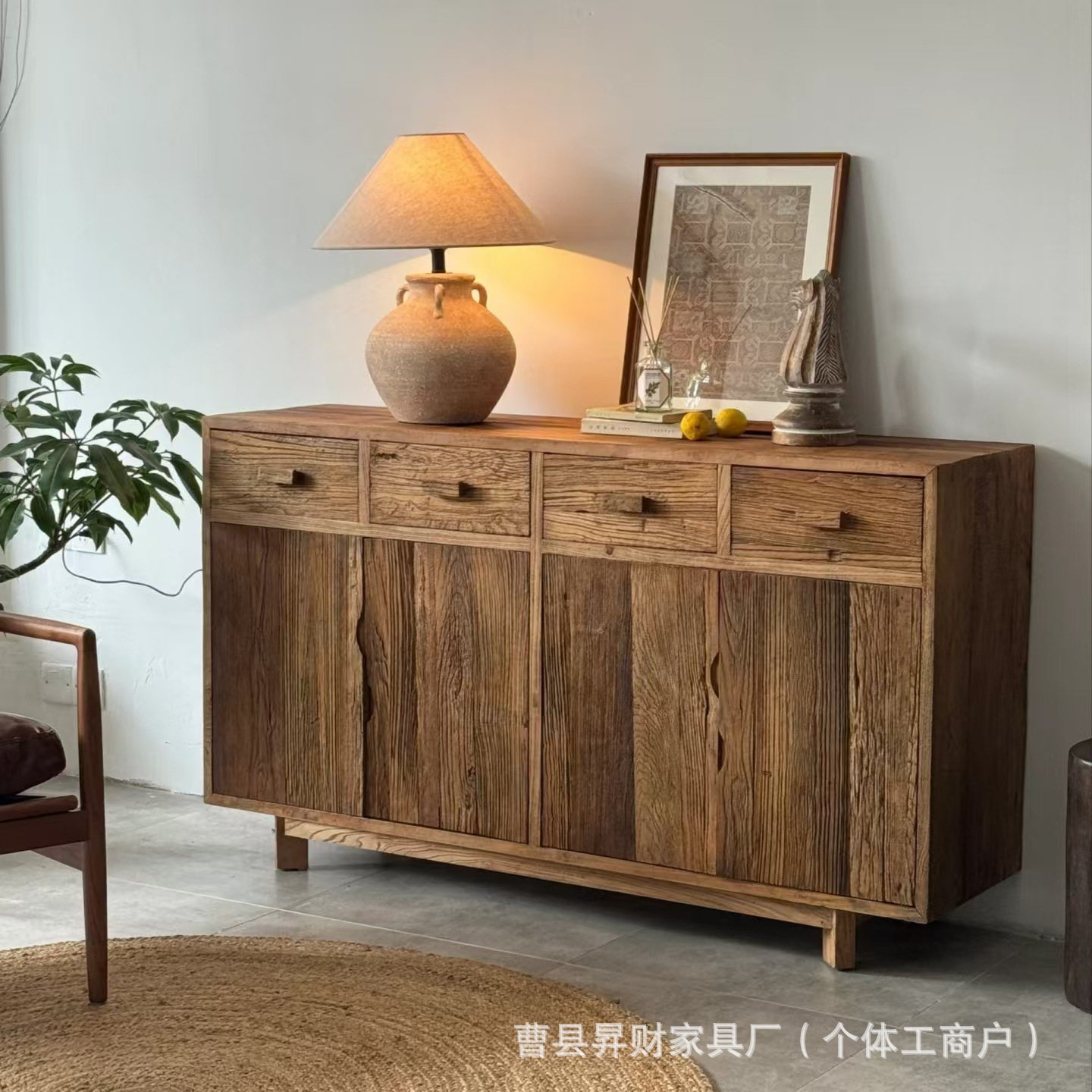 Old Elm Retro Sideboard Jingji Style Storage Cabinet Living Room Weathered Storage Cabinet B&B Solid Wood Entrance Cabinet Deposit