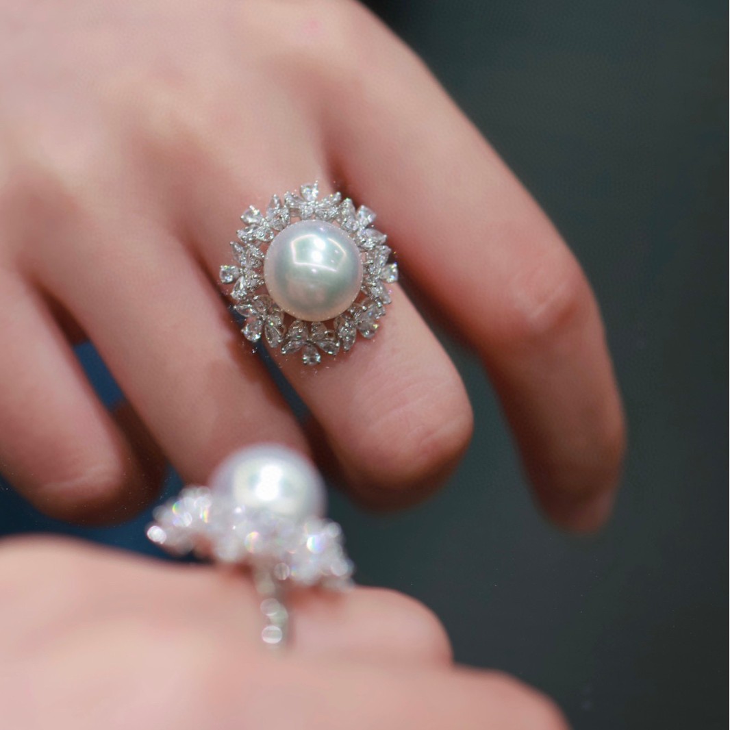Pt900 Accessories Luxury Small Flower Ring Setting White Zircon Ring Set with 12-13mm Pearls Without Beads