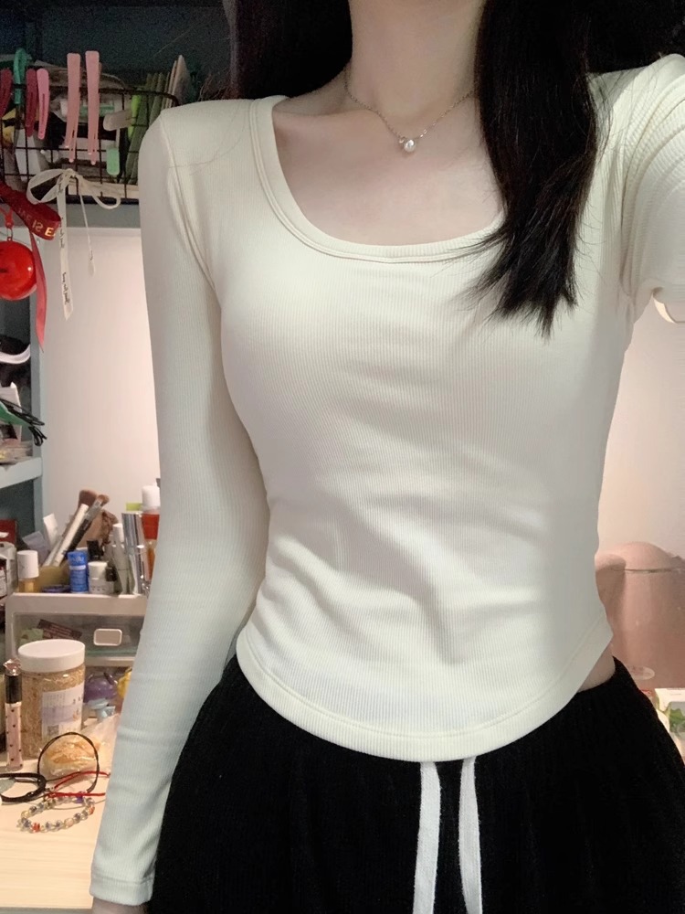 TikTok Autumn and Winter Thick Fleece Square Collar Long-sleeved T-shirt Women's plus size Slim-fit Inner Warm All-match Base Shirt Top