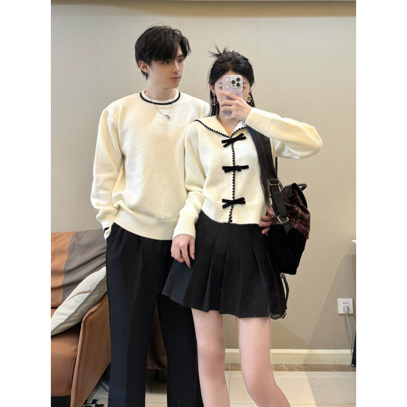 кардиган с воротником в морском стиле, вязаный, с бантом, для женщин и мужчин, весна-осень 2024