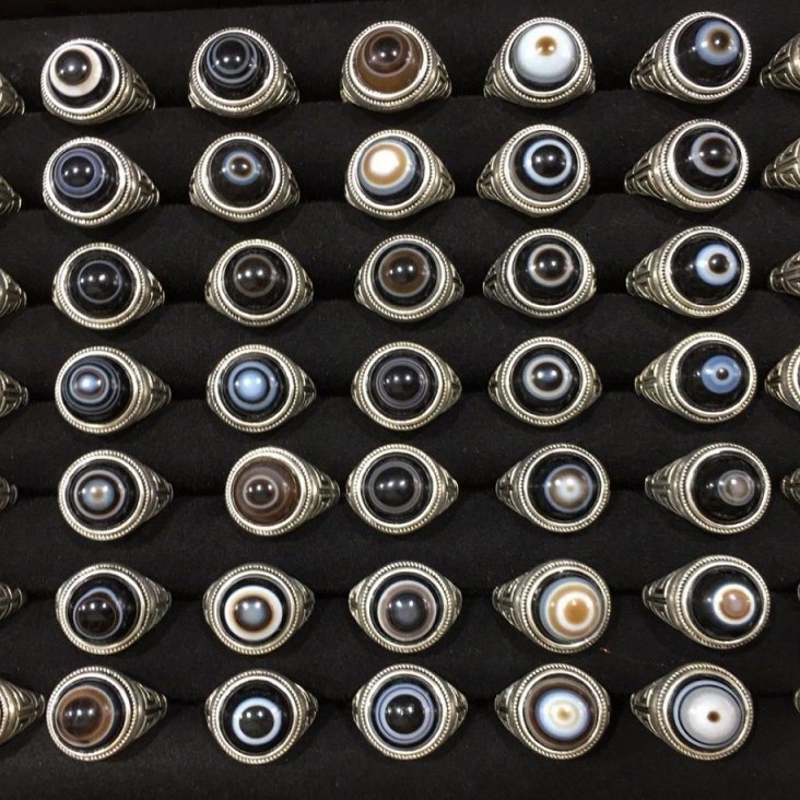 Xiangyun Ethnic Style Jewelry Bronze Brass Natural Wrapping Silk Sky Eye Agate Sheep Plate Eye Sky Bead Live Mouth Adjustable Ring