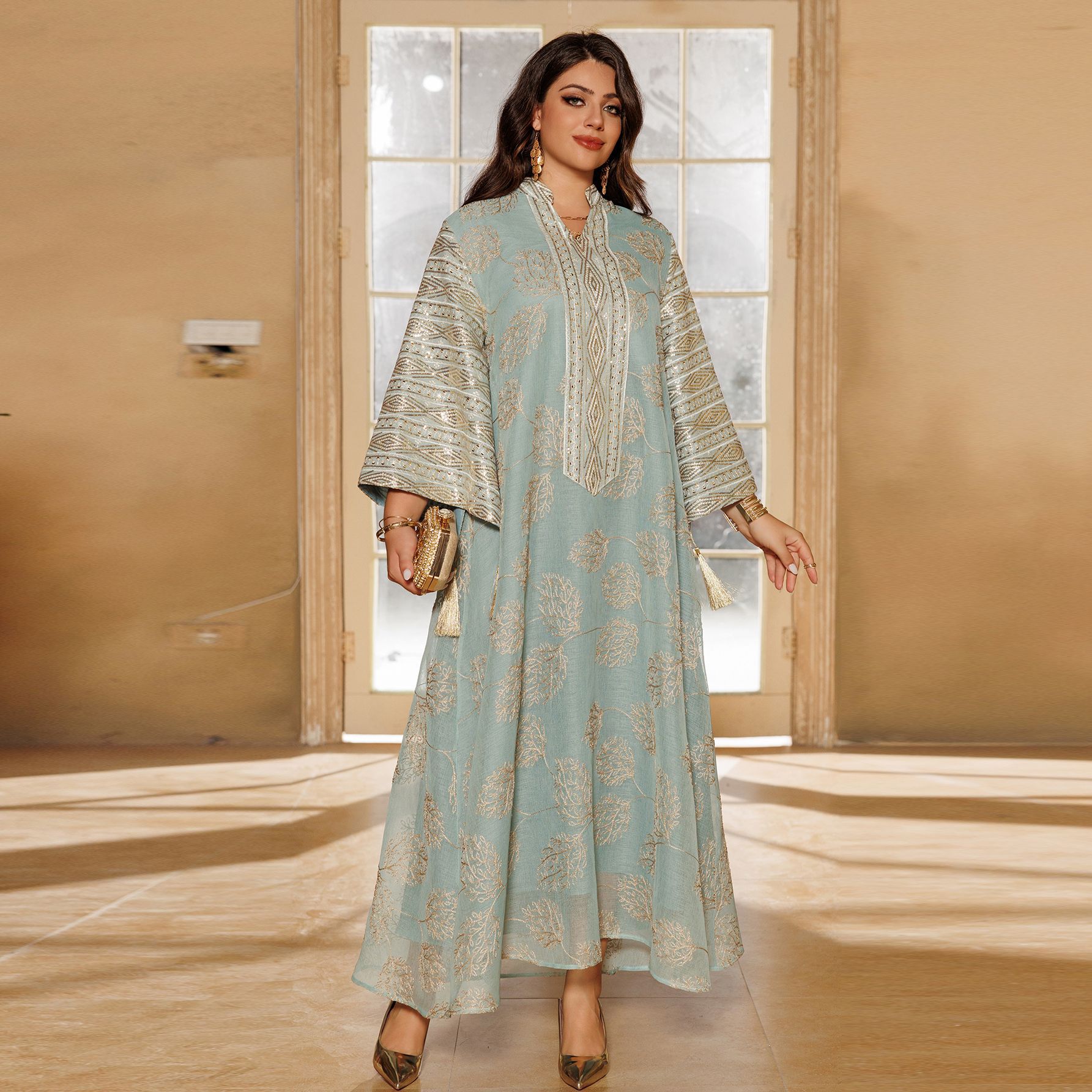 Ab423 Amazon Muslim Embroidered Sequined Robe Plus Size Women's European and American Cross-Border Dress Middle East New Style