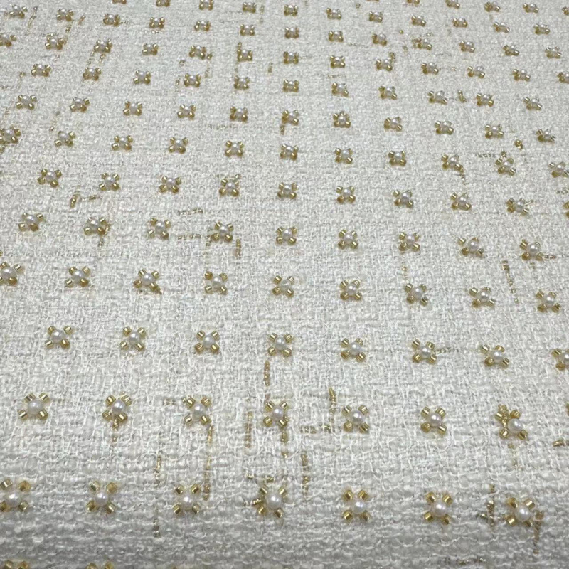 New Style Tweed Fabric with Gold Thread Embroidery for Jackets and Dresses in Autumn and Winter