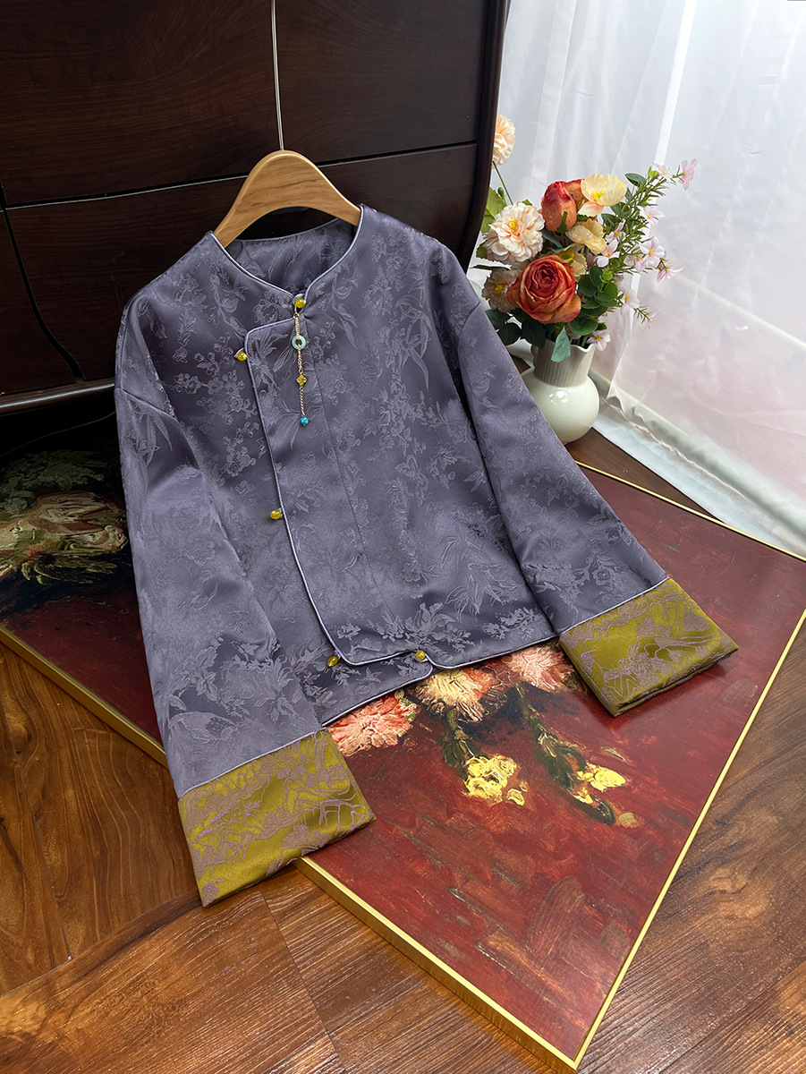 Spring New Loose Jacket for Women, Light National Style Jacquard Elegant Top with Diagonal Placket, Slimming Color-Blocking, Artistic Retro Style