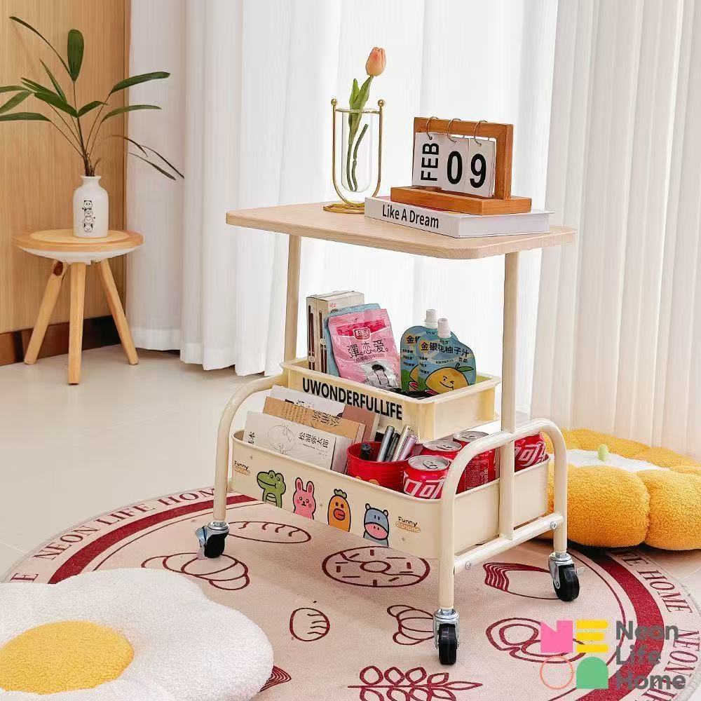 Movable Double-Layer Coffee Table Trolley Side Table Living Room Sofa Storage Wheeled Tea Table Bedroom Storage Rack Small Table