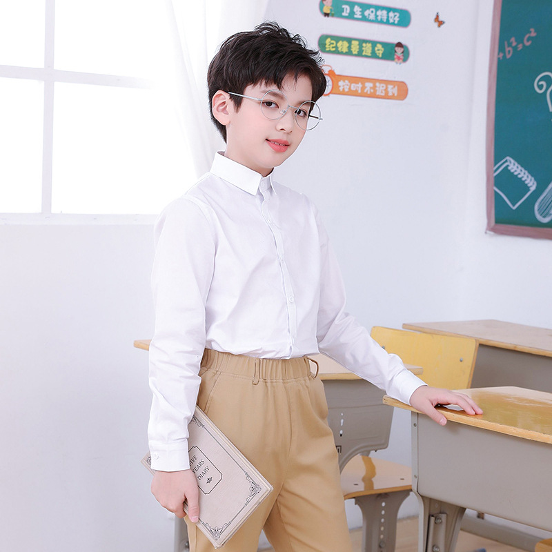 Children's pure white shirt boys with velvet cotton warm shirt long sleeve primary and secondary school students school clothing wholesale