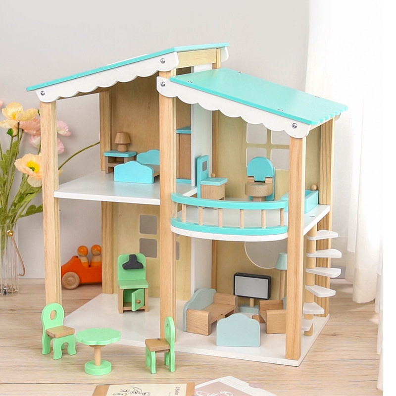 New Wooden Children's House Villa Blue Doll Room Baby Simulation Room Furniture Parent-Child Interactive Toys
