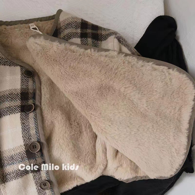 Children's Woolen Plaid Coat Korean Style 2024 Autumn and Winter New Boys' and Girls' Coat Loose Baby's Cotton Coat