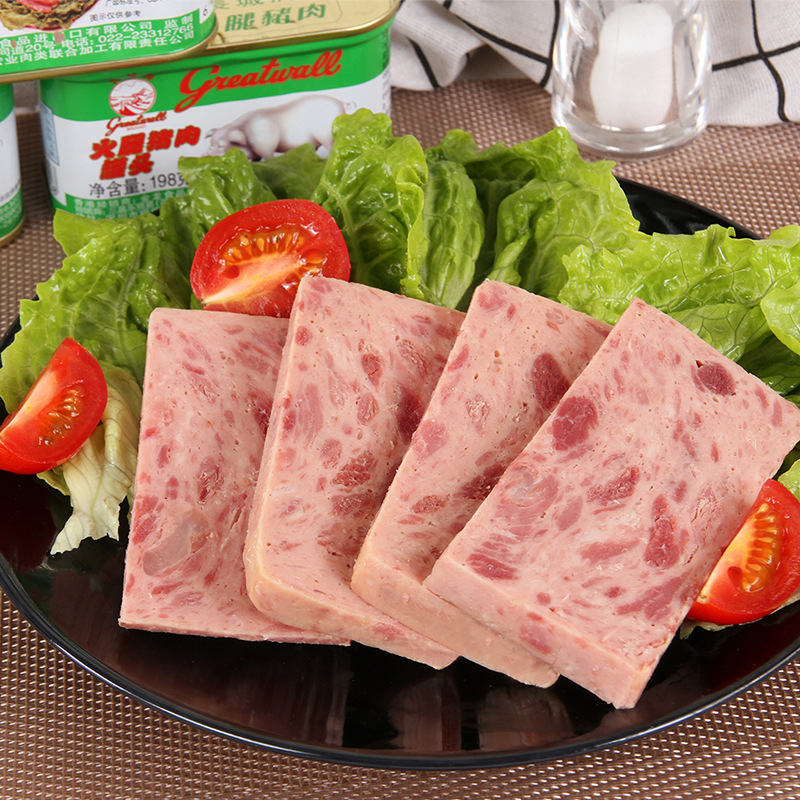 Great Wall brand canned ham pork 198g instant white pig lunch meat hot pot reserve instant meat food wholesale