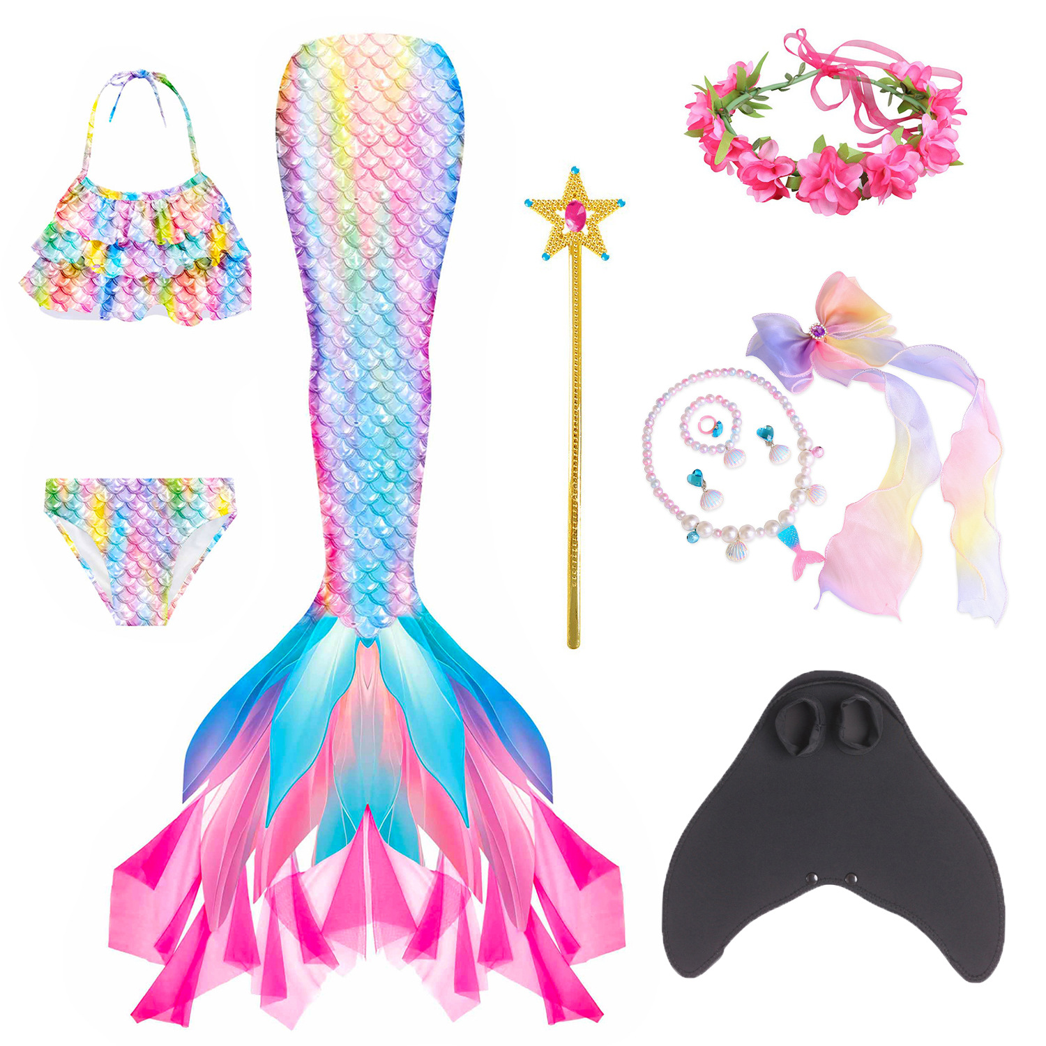 Ghnatygren Cross-Border Export Mermaid Mesh Three-Piece Bikini Vacation Beach Kidsren's Swimsuit Set