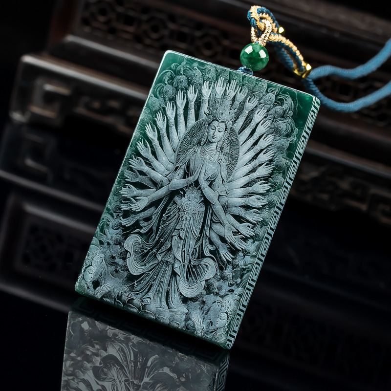 Natural A Jade Thousand Hands Guanyin Brand Blue Water Material Double-sided Seiko Shadow Carving High Ice Jade Pendant Pendant Yu Pei