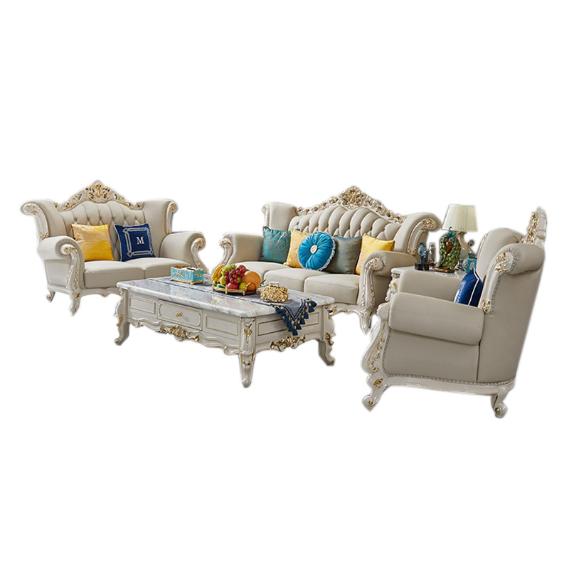 European-Style House Leather Solid Wood Sofa Pearl White Gold Foil Luxury Marble Coffee Table Living Room Bedroom Furniture