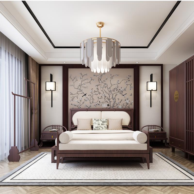 New Chinese Style Solid Wood Bed Zen Double Bed Bedside Table Wardrobe Rack Bedroom Model Room Complete Set Wedding Bed Villa Simple