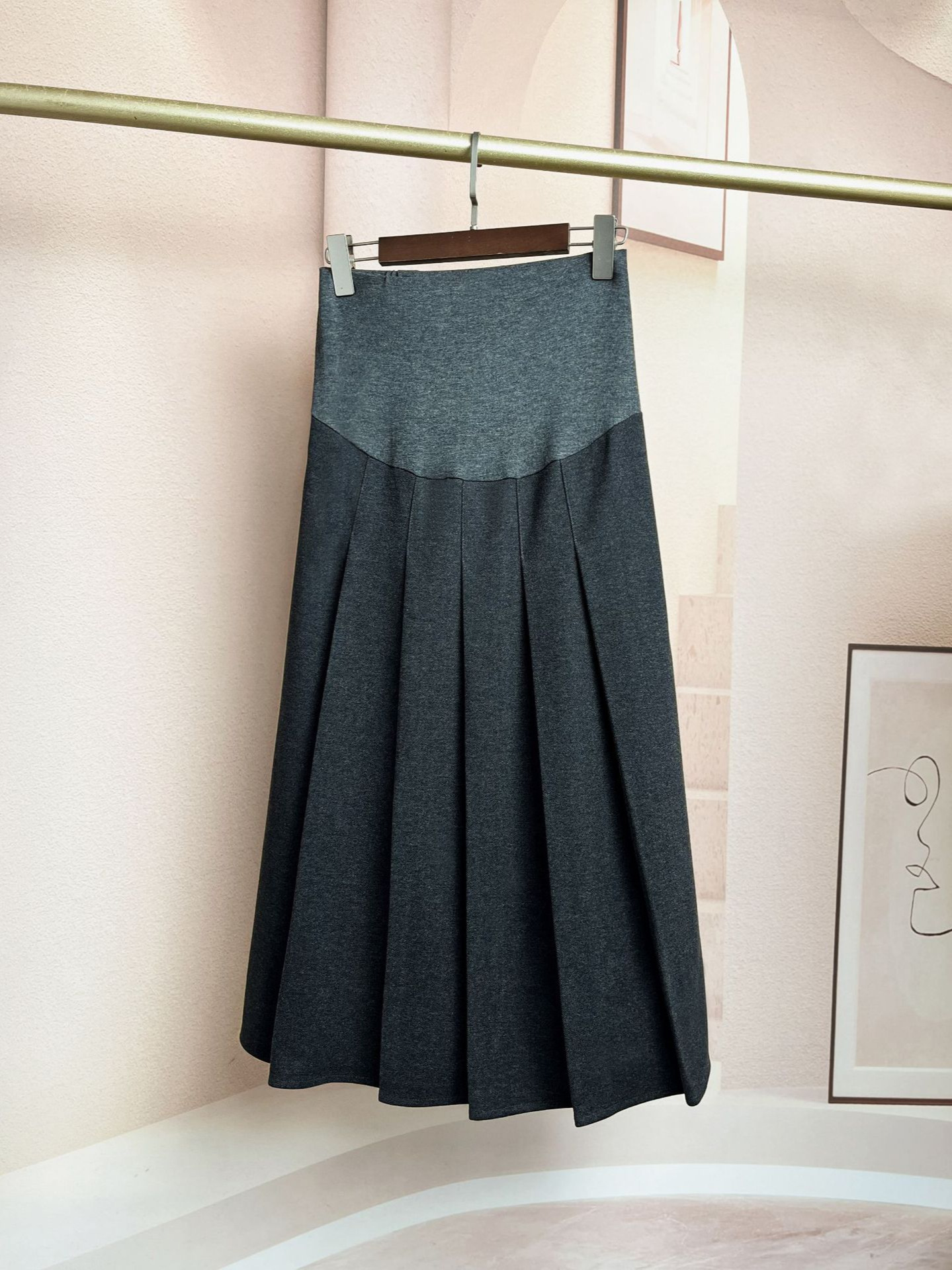 Pregnant Women's Spring Autumn and Winter Belly-supporting Skirt Loose plus size Slimming High Waist Hip Covering A- line Wool Pleated Skirt Mid-length