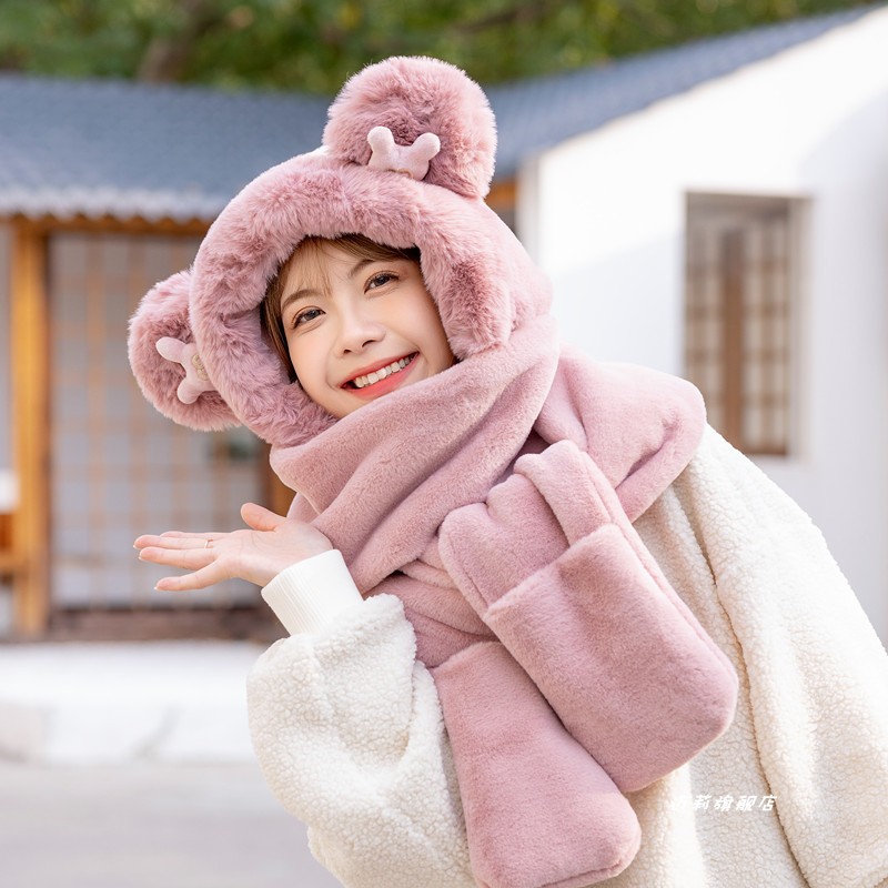 Bear hat women's three-piece Korean-style cute Mickey hooded scarf integrated warm gloves ear protection scarf winter