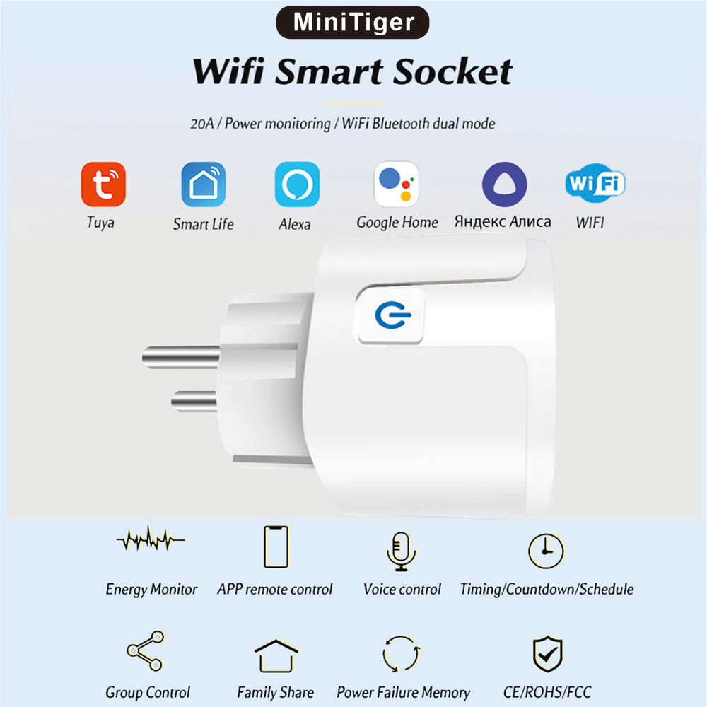 Tuya Smart Socket Eu Plug Smart Socket 16A20Awifi Switch Voice Mobile Phone Remote Control Plug
