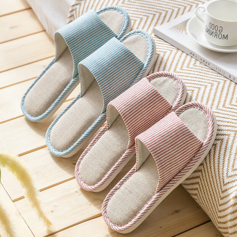 Jielia Linen Slippers Women's Spring and Autumn Indoor Home Quiet Sweat-Absorbing Non-Slip Floor Cotton Linen Fabric Slippers for Four Seasons