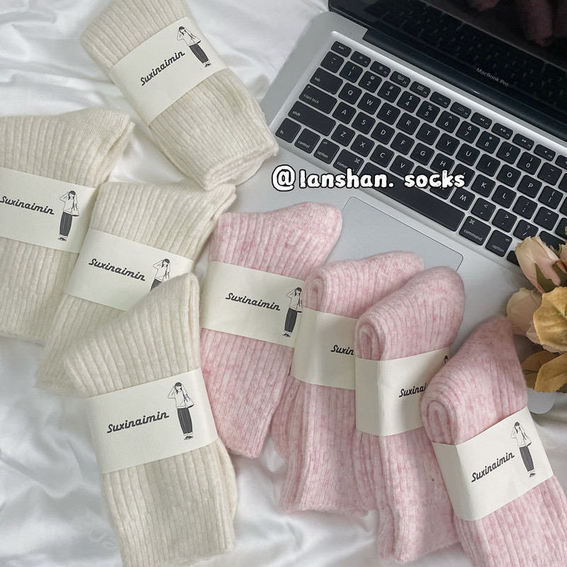 2022 New Thick Wool Thin Striped Solid Color Slouch Socks Korean Style Ins Warm Soft Mid-Calf Women's Socks Ins Style