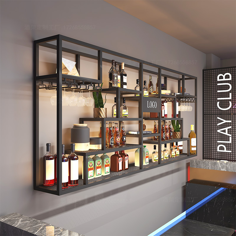 Industrial Style Storage Display Rack Bar Wall Wine Cabinet Storage Rack Restaurant Wine Rack Wall-Mounted Bar Table Wine Rack