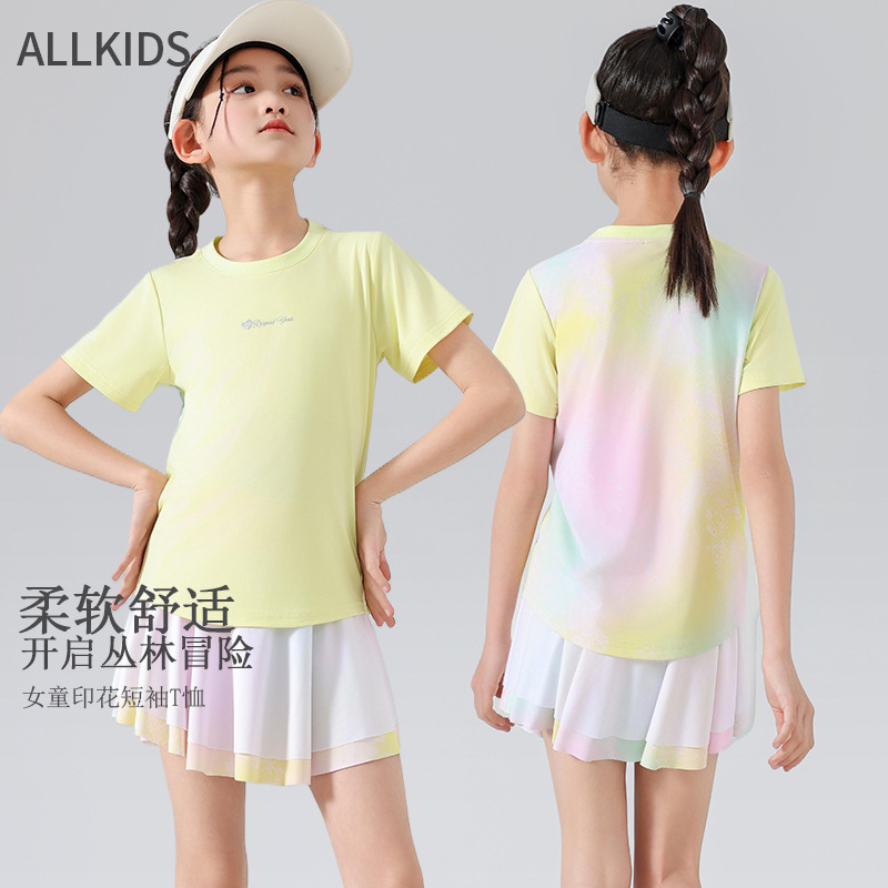 Girls' Short-sleeved T-shirt 25 New Summer Quick-drying Stretch Skin-friendly Sports Casual Printed Top Tennis Clothes Feather