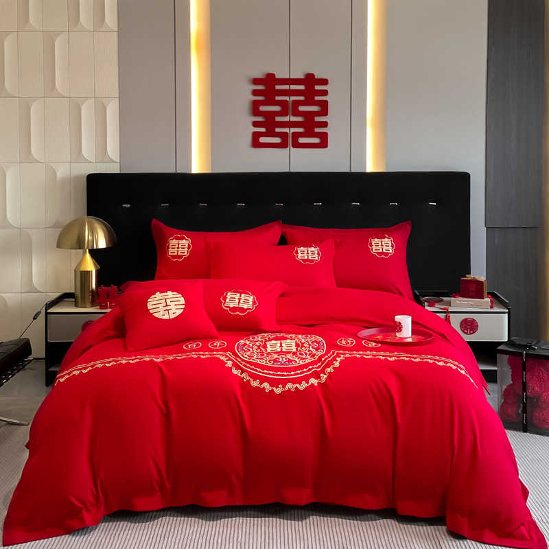 Bedding Simple Wedding Brushed Four-Piece Set Wedding Bright Red Dowry Bedding Light Luxury Embroidery Set Manufacturer Wholesale