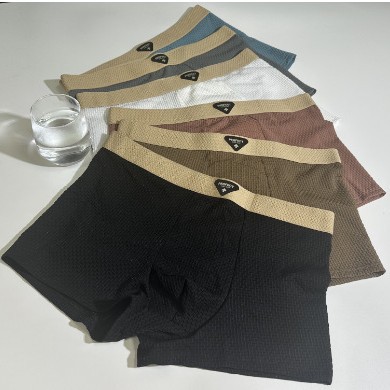 Cross-Border Men's Ice Silk Underwear Mesh Jacquard Comfortable Breathable Sports Boxer Briefs Solid Color Retro Boxer Briefs for Men