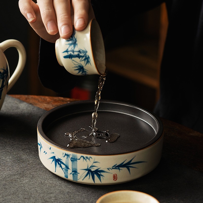 Ru Kiln Hand-painted Pot with Open Pieces and Water-raising Storage Type Dry Soaking Table High-end Kung Fu Tea Set Accessories Pot with Tea Bearing and Zero Matching