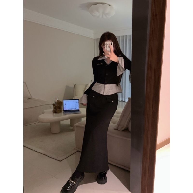 Korean Style Gentle Style Contrasting Color Long-Sleeved Top Suit for Women Autum New College Slimming Fishtail Skirt Two-Piece Set