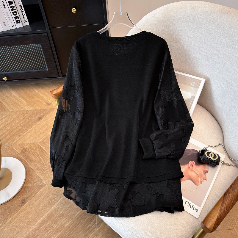 Bust 150 extra-large size women's clothing chubby girl plus fat increase autumn new fashion fake two-piece stitching base shirt T-shirt