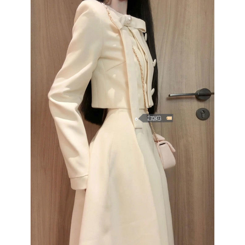 Пальто в стиле Шанель с длинным рукавом, женский осенний комплект, короткий топ с бантом, юбка с высокой талией