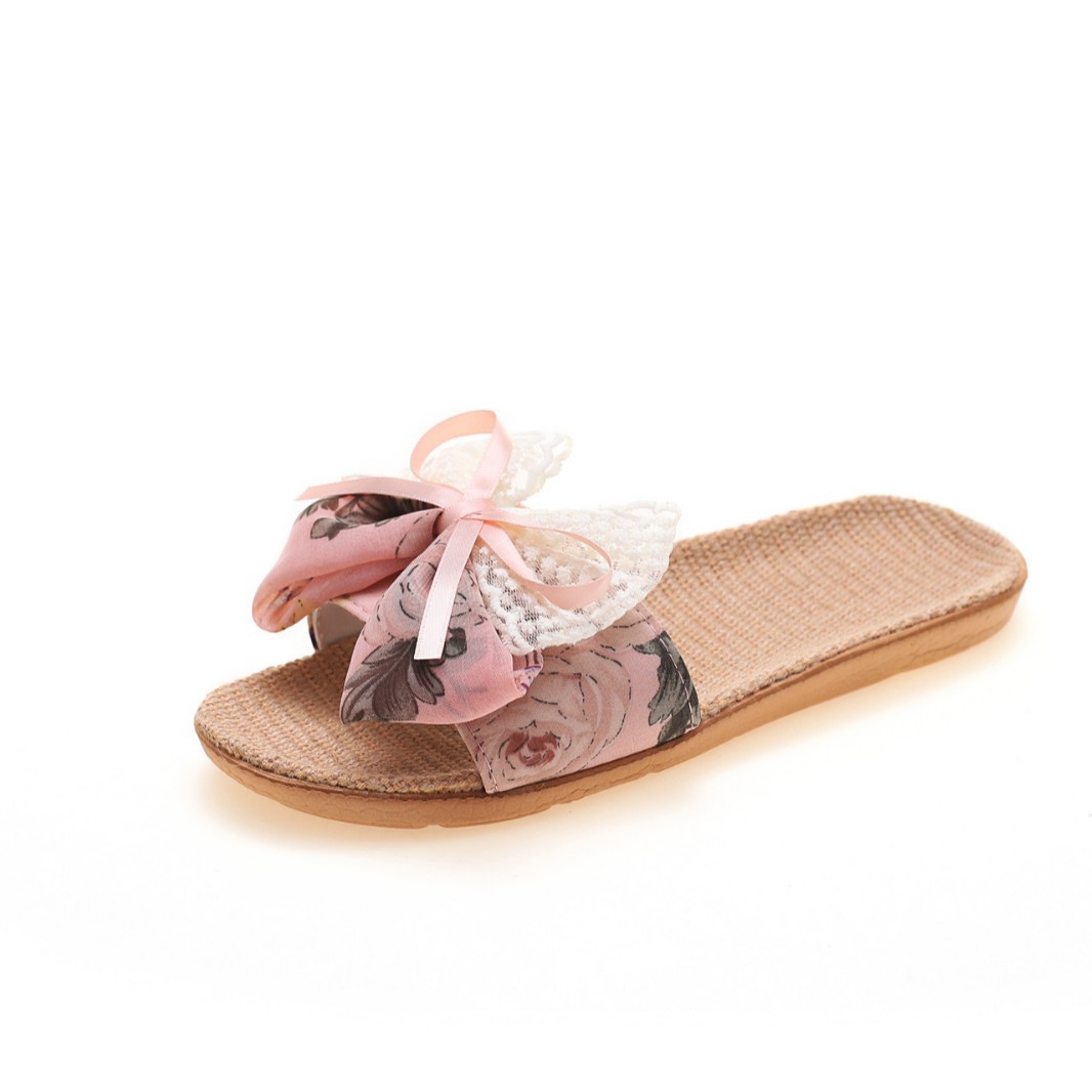 Slippers for Women Summer Indoor and Outdoor Home Linen Floor Non-Slip Office Home Home Cute Bow Sandals Slippers