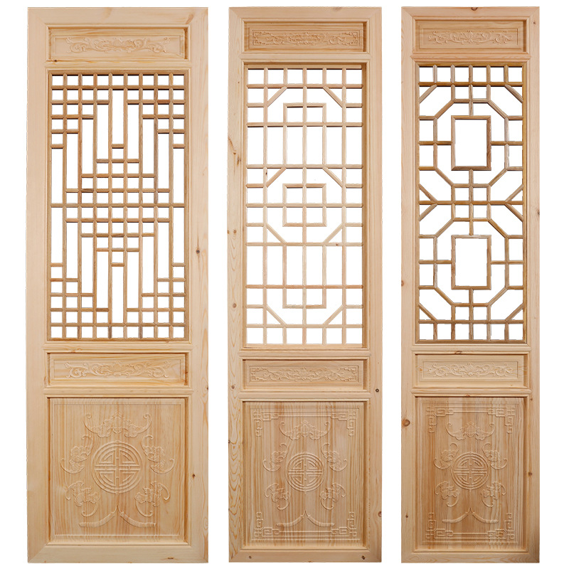 Source Manufacturer Antique Doors and Windows Solid Wood Grids Screen Partition Cut Out Carved Log Door Entry Solid Wood Doors and Windows