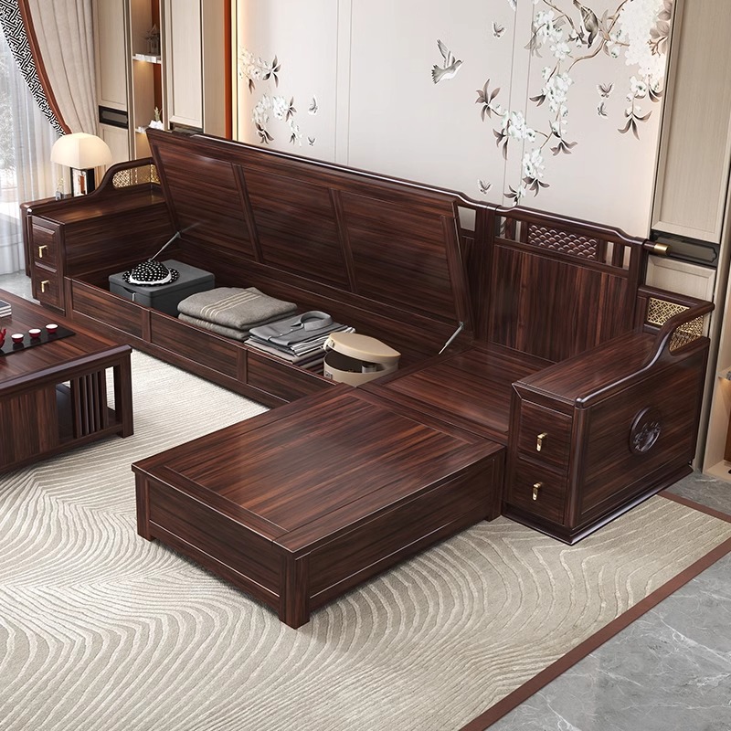 Black Gold Solid Wood Sofa New Chinese Style Home Living Room Imperial Concubine Sofa Winter and Summer Dual-Use Large Apartment Villa Sofa