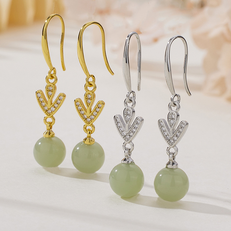 2023, новые серьги с подвесками в виде листьев, инкрустированные цирконием, круглые бусины из нефрита Хэтиан, винтажные серьги, оптовая продажа