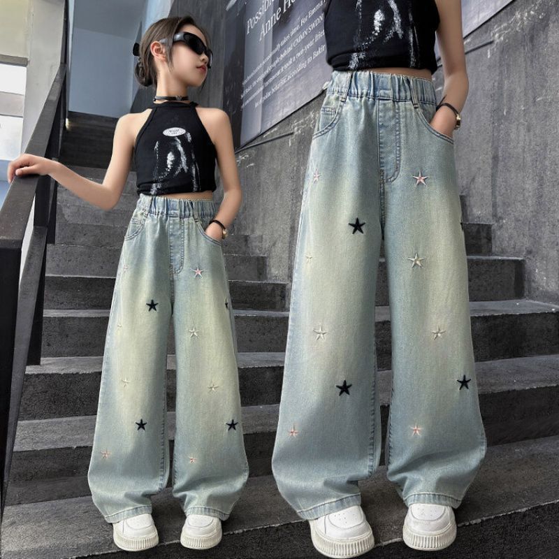 Girls' Cargo Jeans Spring and Autumn New Factory Children's Clothing Wholesale Big Kids Straight Loose Wide-Leg Children's Pants