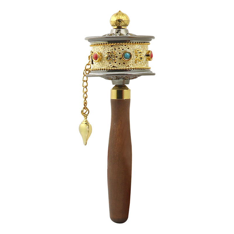 Xizang travel racket double bearing ultra-quiet hand-cranked sutra wheel brass color gun color wooden handle six-character sutra wheel