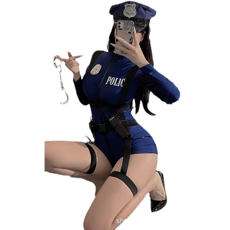 Sexy lingerie nightclub policewoman double-head zipper free crotch cospaly role-playing uniform policewoman