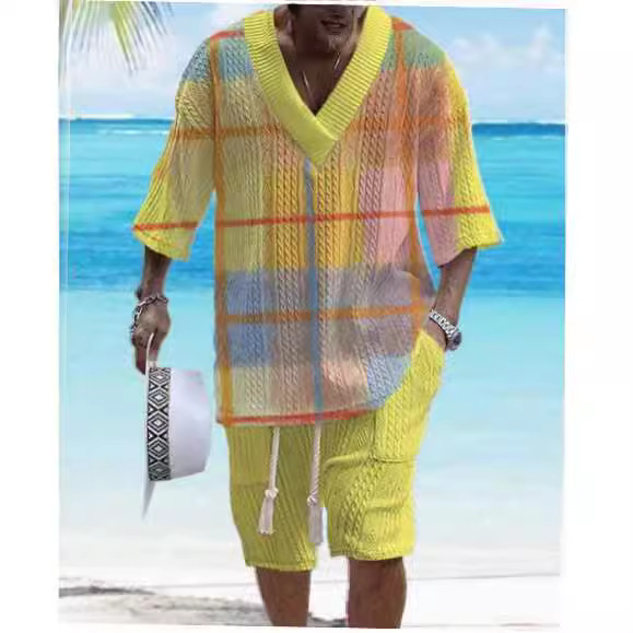 Cross-border 3D Printed Jacquard suit Men's Summer Loose Short-sleeved T-shirt Shorts V-neck Sports suit Two-piece Men's Wear