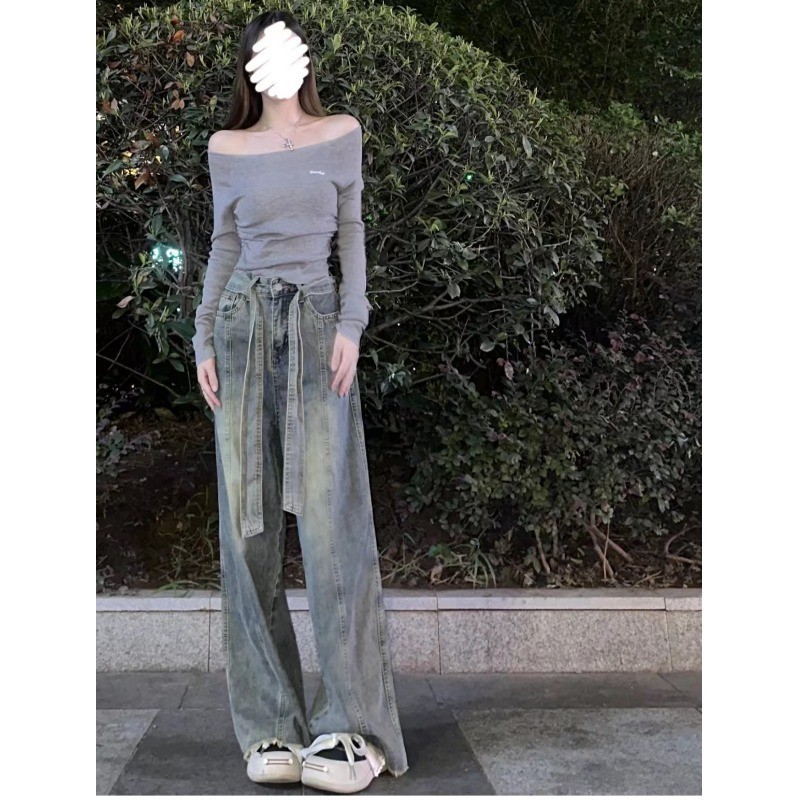 Nostalgic blue high-grade wide-leg jeans for women 2023 early Autumn New loose high waist wide-leg slimming frayed long pants