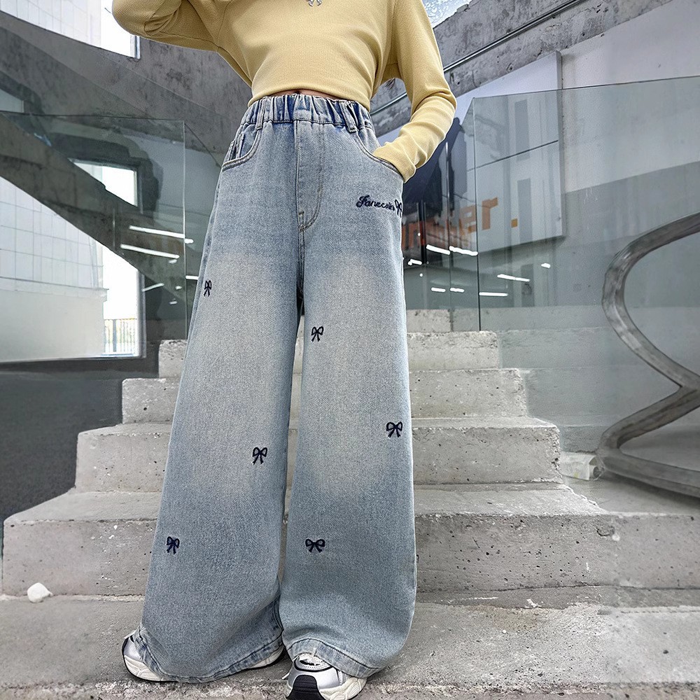 Girls' Cargo Jeans Spring and Autumn New Factory Children's Clothing Wholesale Big Kids Straight Loose Wide-Leg Children's Pants