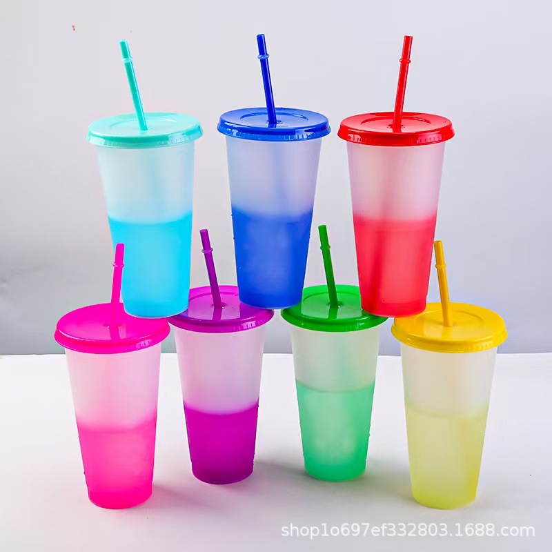 Cross-Border Popular Large-Capacity 710ml Temperature-Sensitive Cold Color-Changing Cup Fashionable Plastic Water Cup Pp Single-Layer Straw Cup