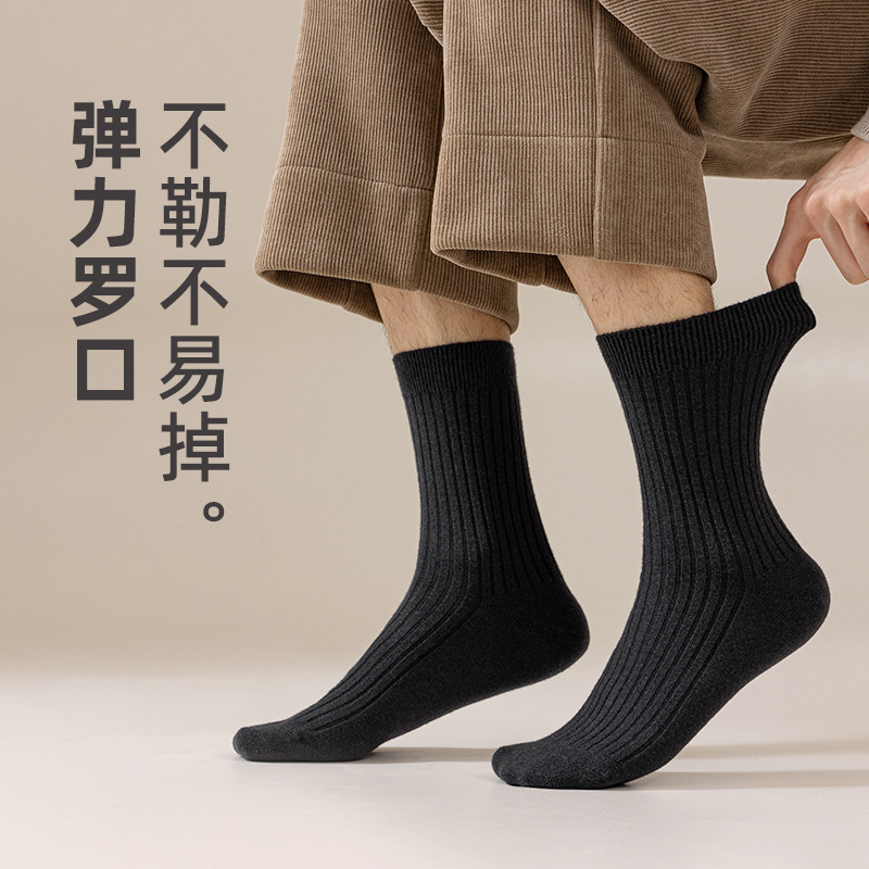 Wool Socks Men's Autumn and Winter Deodorant Mid-Calf Socks Double-Needle Warm Long-Tube Men's Boneless Business Socks Wholesale