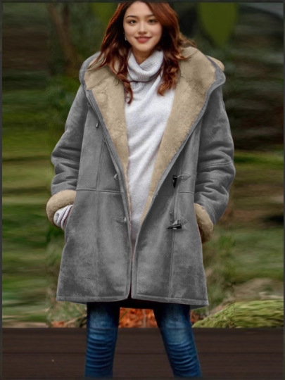 2025 Women's Fashionable Casual Fleece Mid-Length Hooded Jacket