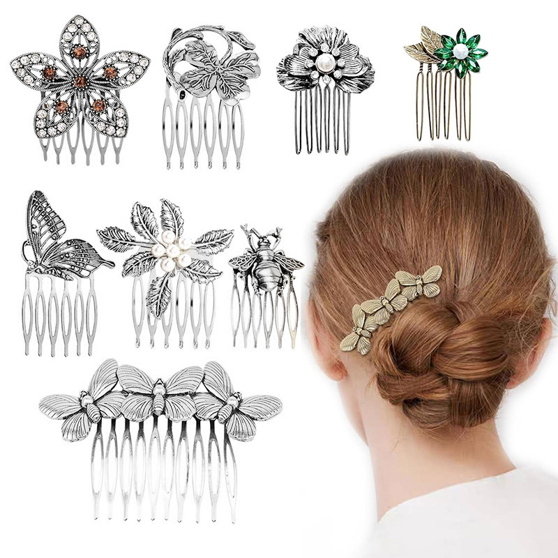 Factory direct European and American cross-border supply retro diamond hair comb comb antique headdress leaves Pearl hairpin
