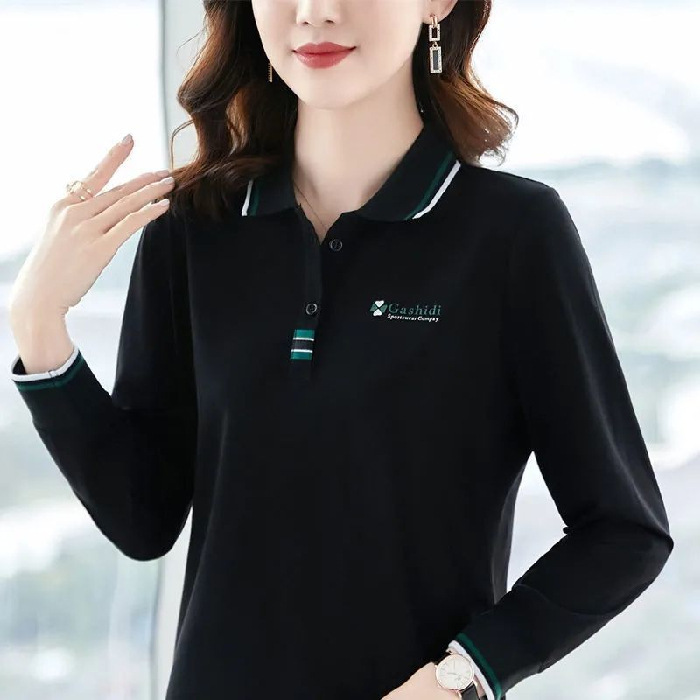 Long-Sleeved T-Shirt Women's Lapel Polo Shirt Spring and Autum Large Size Loose Middle-Aged Mother's Collared Top Women's Work Clothing Style