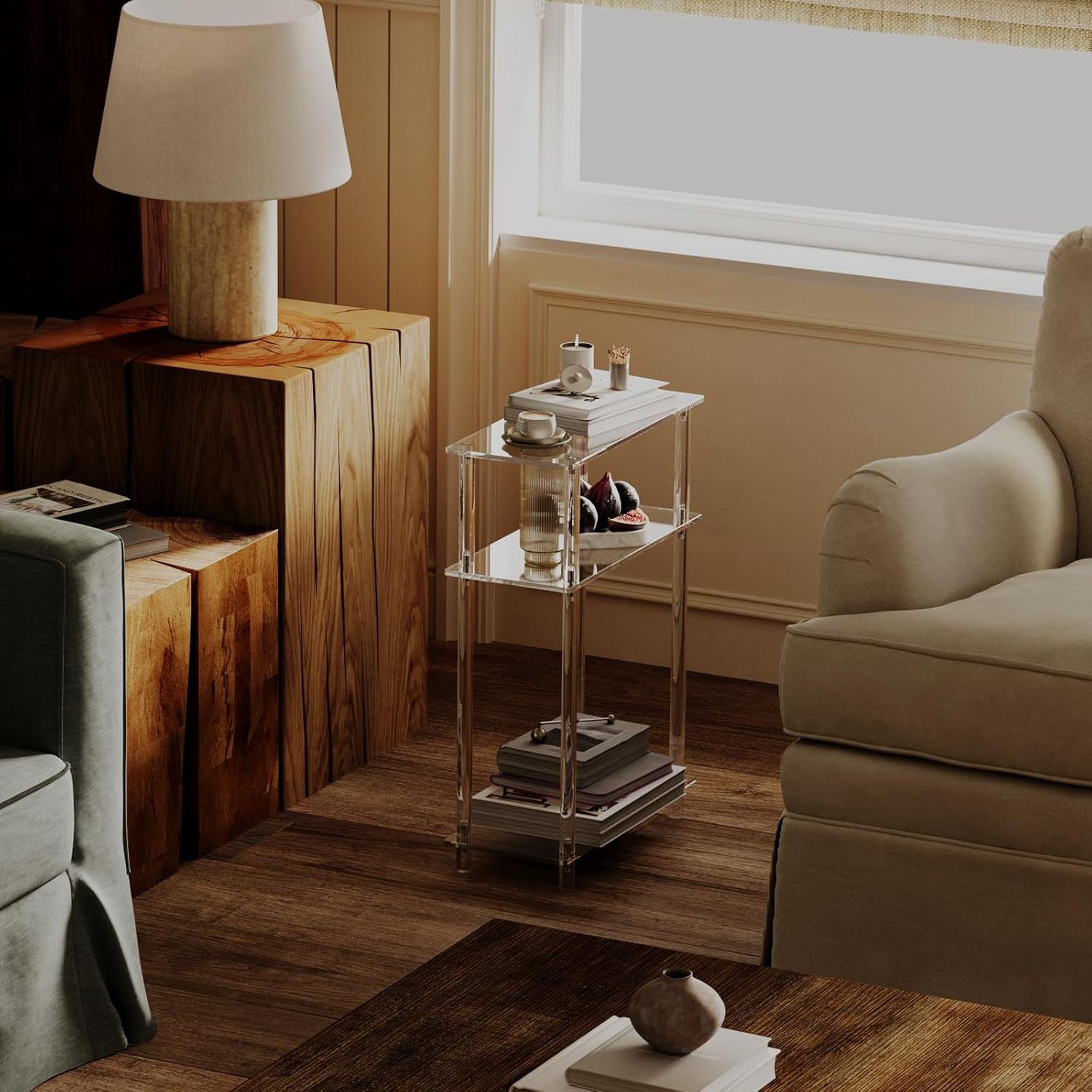 Cross border acrylic small end table beverage table, small bedside table, for sofa, living room, bedroom, easy to assemble