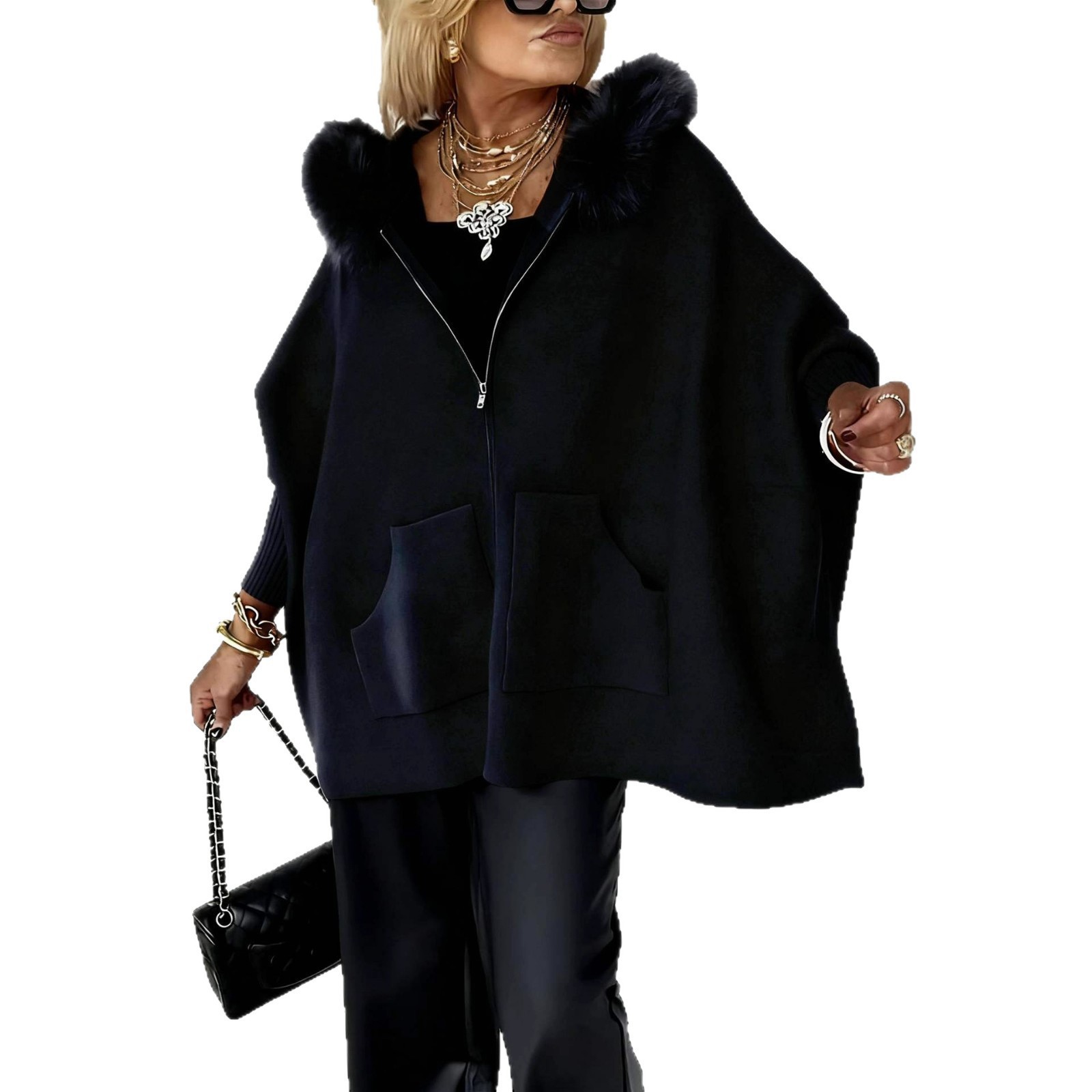 2025 Autumn and Winter European and American Cross-Border Amazon Fashion Loose Pocket Zipper Solid Color Large Fur Collar Knitted Hooded Jacket