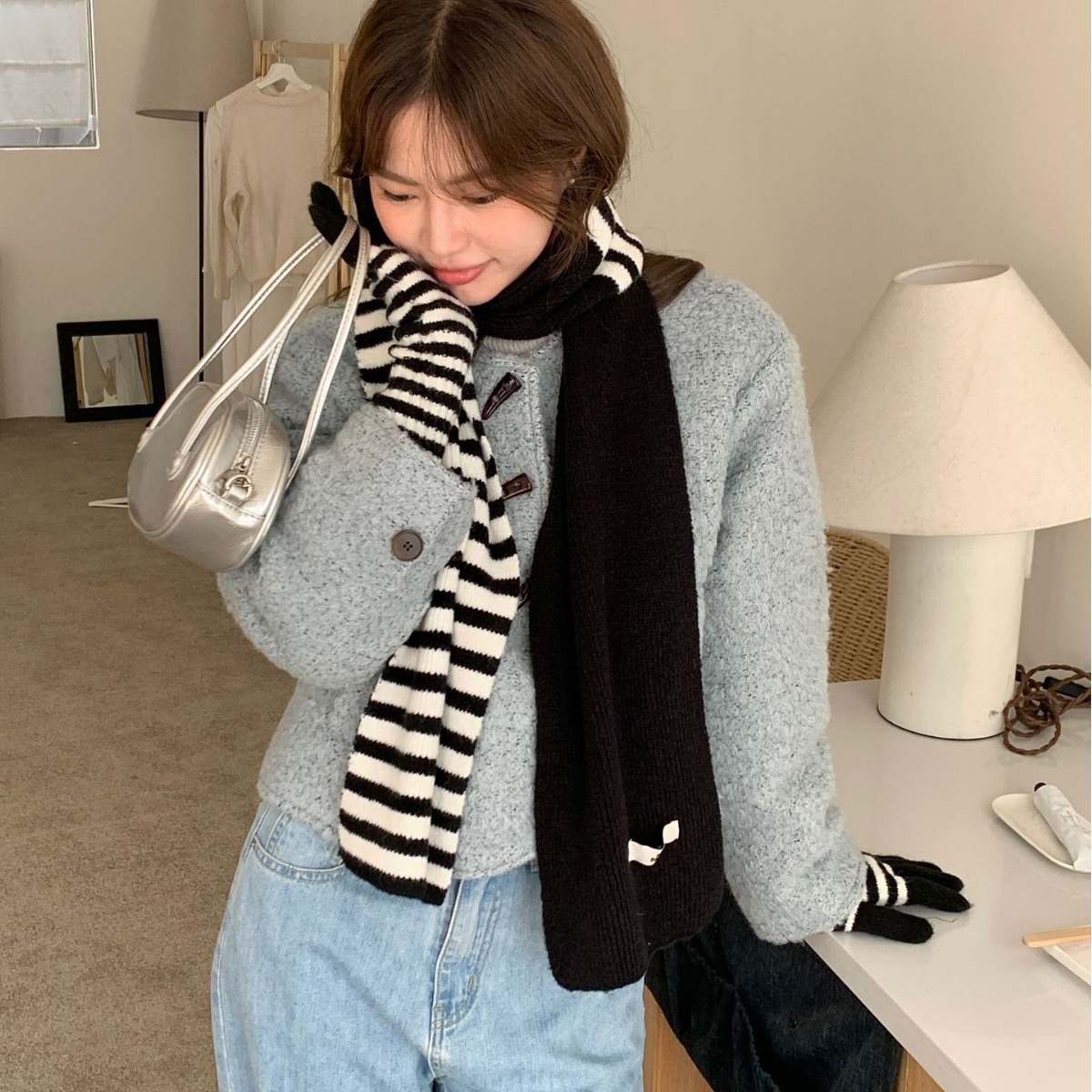 New Contrast Color Striped Wool Ski Gloves Scarf suit Women's Autumn and Winter Thickened Warm Cold-proof Knitted Couple