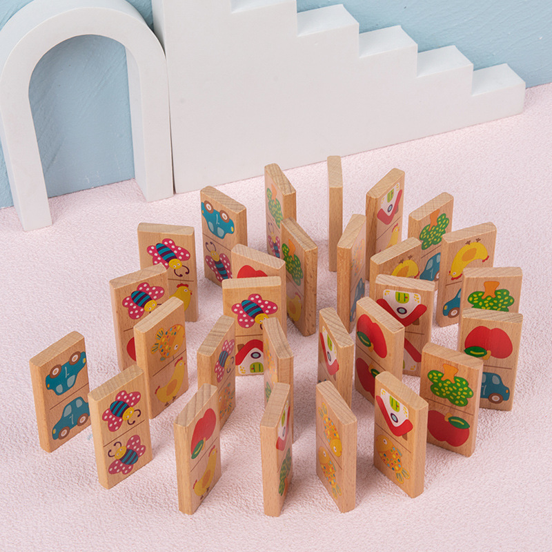 Children's Educational Assembled Early Education Multifunctional Pile Domino 28 Pieces Solitaire Garden Solid Wood Domino